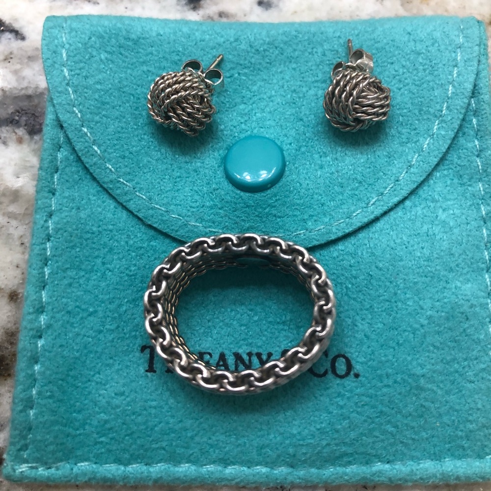 Tiffany & Co. silver mesh ring and earrings